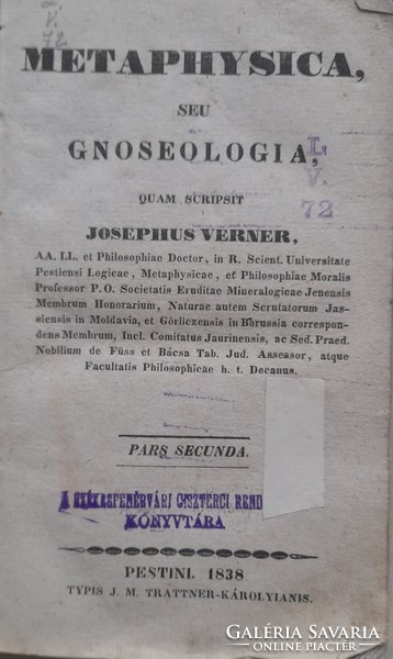 Josephus verner: metaphysica seu gnosologia - pars secunda