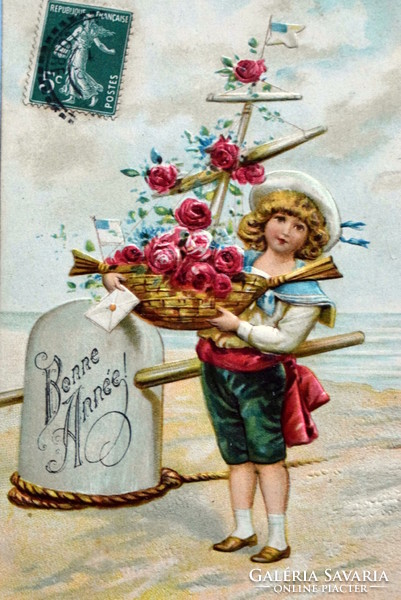 Antique embossed New Year greeting card - sailor boy with pink straw boat, sea