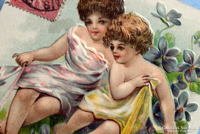 Antique embossed New Year greeting card - small children, calendar, violet, Jan 1.