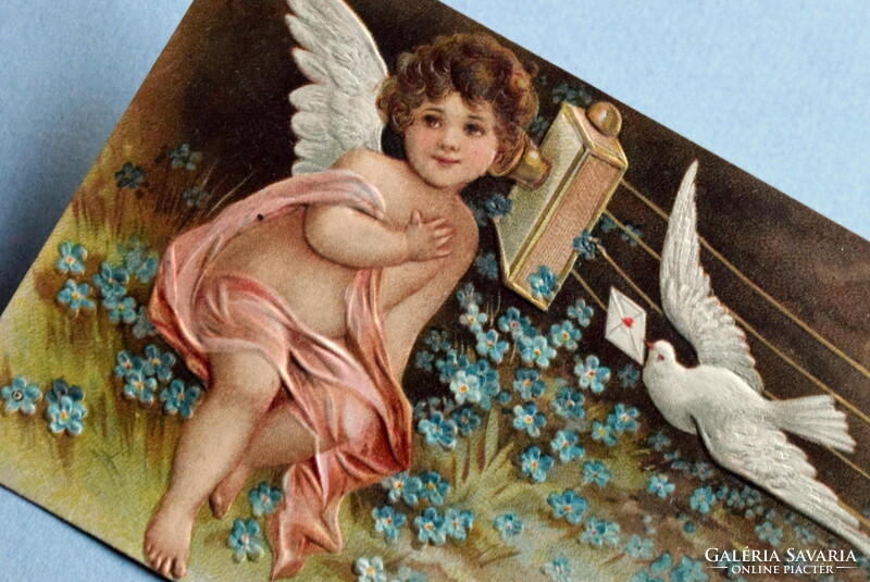 Antique embossed New Year greeting card - calling angel, carrier pigeon, forget-me-not