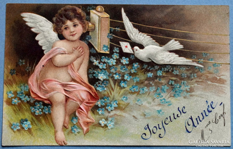 Antique embossed New Year greeting card - calling angel, carrier pigeon, forget-me-not