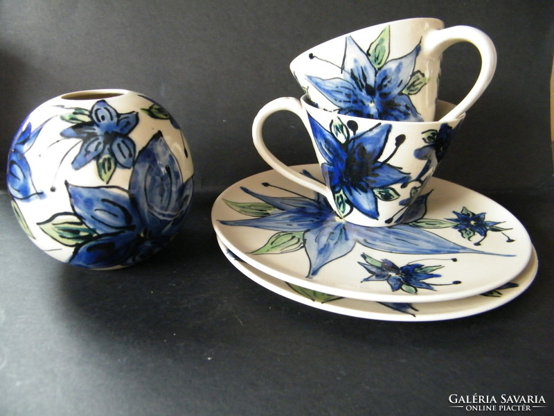 Unique, handmade, painted blue floral ceramic mugs, bowls, vase set for 2