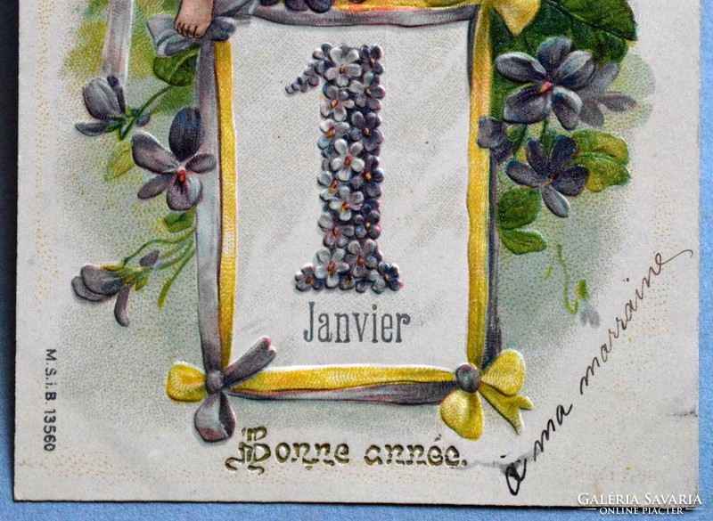 Antique embossed New Year greeting card - small children, calendar, violet, Jan 1.