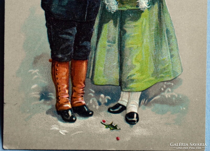Antique embossed New Year greeting card - little girl, little boy in elegant clothes