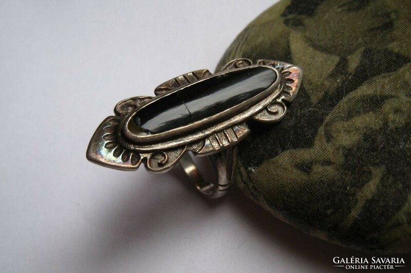 Antique silver ring, elongated goth ring with black stone