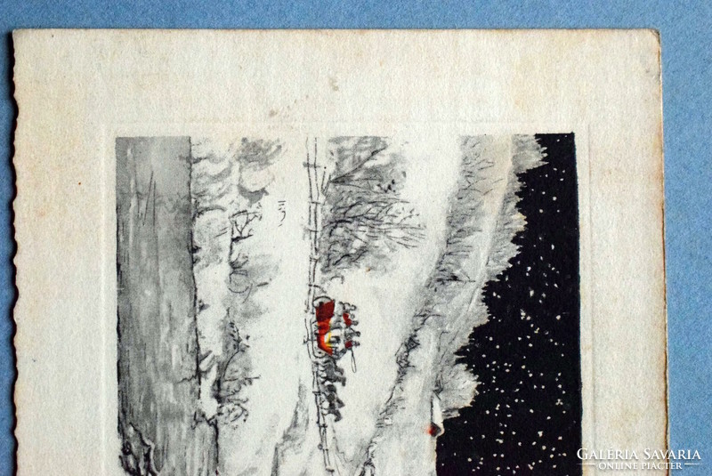 Antik Újévi téli hangulatú színezett metszet , nem képeslap