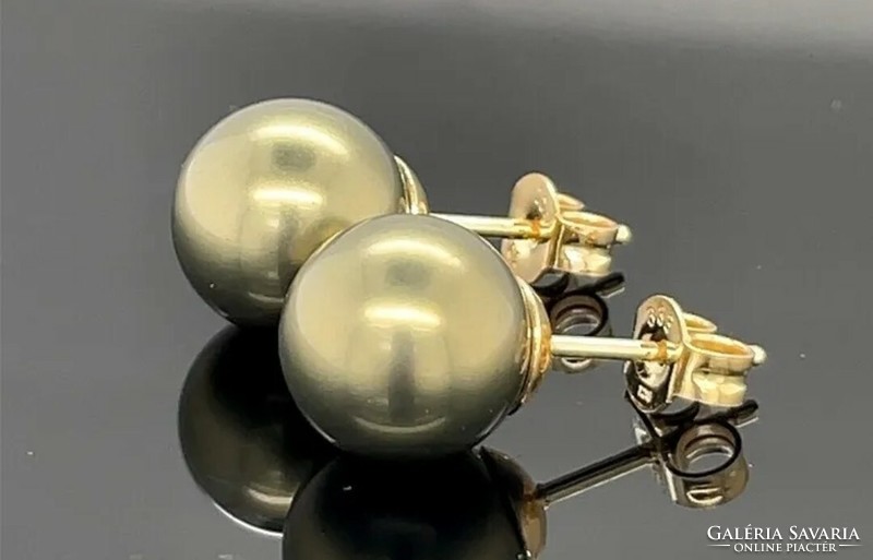 Golden horse, moss green colored pearl 8 carat yellow gold earrings - new