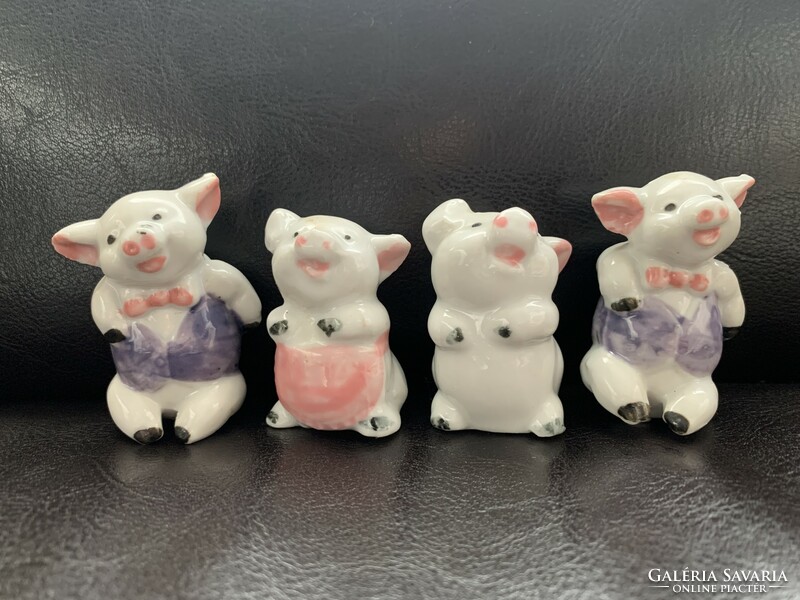 Laughing porcelain pig 4 piggies, mascot, lucky charm, miniature