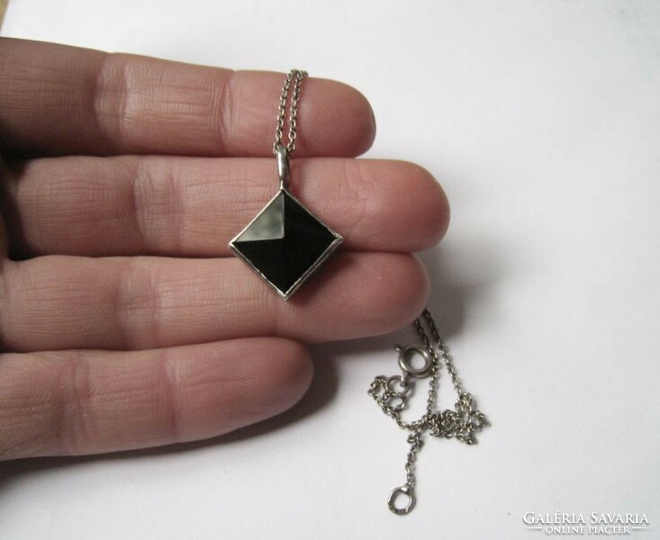 Silver necklace with black pyramid stone pendant