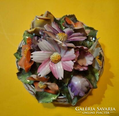 Antik, szecessziós, 1943-as, jelzett, eredeti Herendi porcelán asztalközép, virágos tál