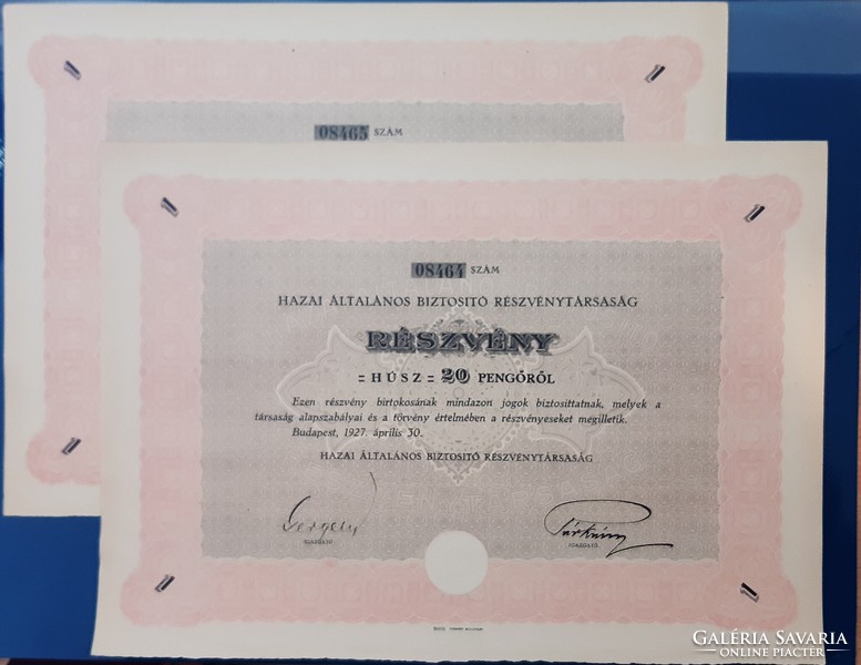 Hazai Általános Biztosító Rt., 2 sorszámkövető részvény, 2 x 20 pengő 1927.