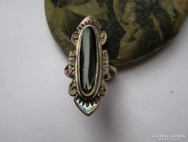 Antique silver ring, elongated goth ring with black stone