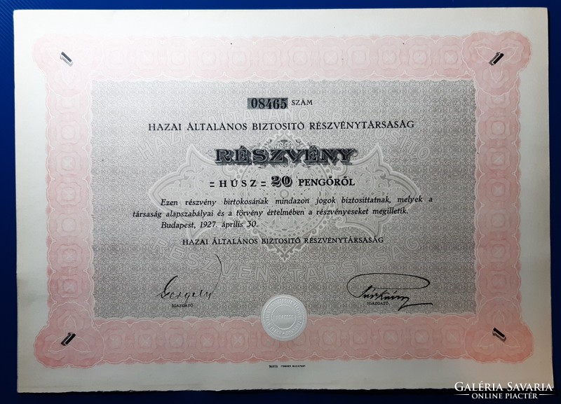 Hazai general insurance company rt., 2 serial shares, 2 x 20 pengő 1927.