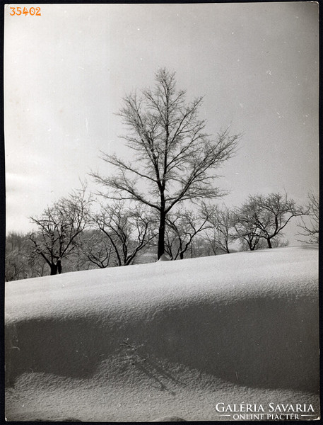 Larger size, photo art work by István Szendrő. Snowy landscape, tablescape, still life, 1930s.