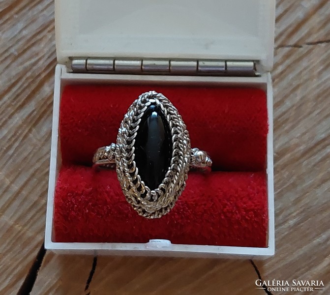 Old silver black tourmaline stone ring