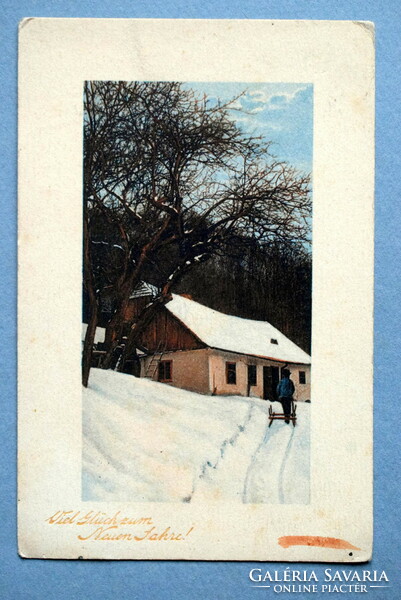 Antique engraving New Year greeting card - winter landscape from 1911