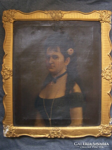 Magyar biedermeier festő 1860 körül: Hölgy rózsával- olaj vászon 33,5 cm x 41,5 cm + eredeti korabel