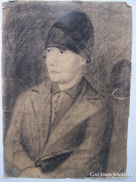 Hungarian artist xx. Beginning of the century: pub boy paper, charcoal, 28 x 20 cm. Injured