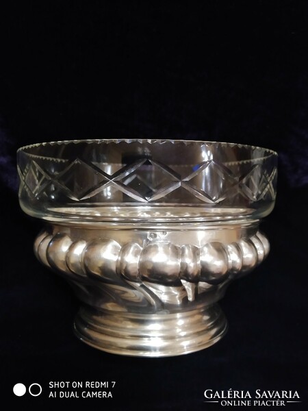 Antique silver (800 diana) blistered, glass-inset decanter.