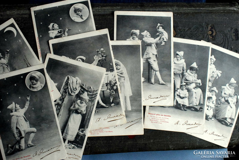 9 pieces from a series of humorous photo postcards - Pierrot's founding of the family