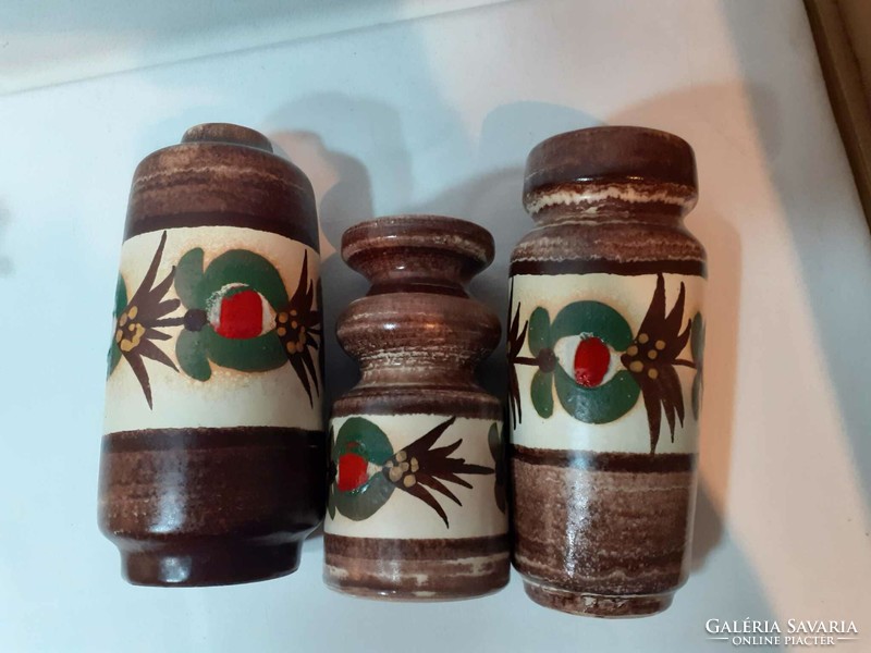 Retro rustic German ceramic vase trio brown red