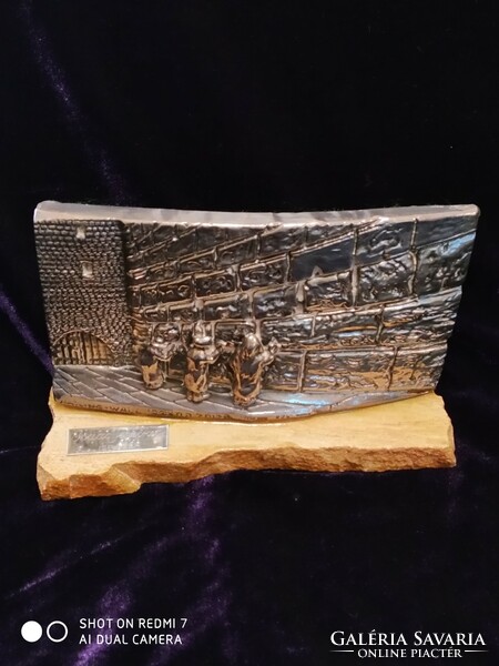 Silver (925) Israeli bas-relief of the Wailing Wall of Jerusalem on a stone or marble base.