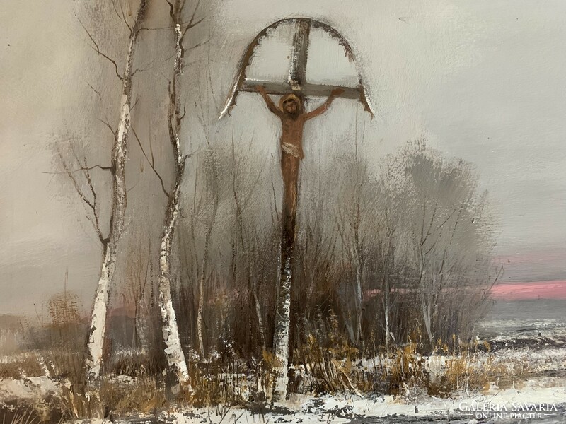 Puskás Imre "Pléh Krisztus" című olajfestménye fa keretben (103x61cm)