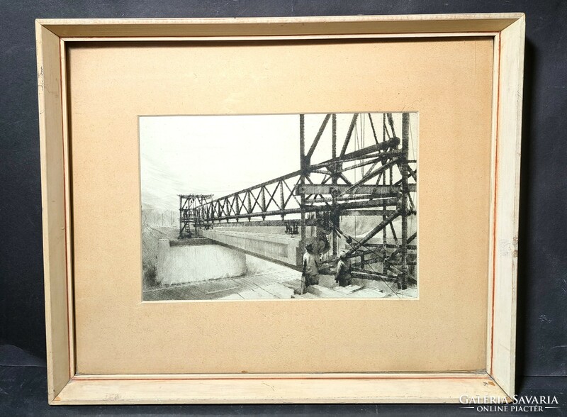 tibor Rozanits: bridge construction, etching - social real graphics, 1960s, workers