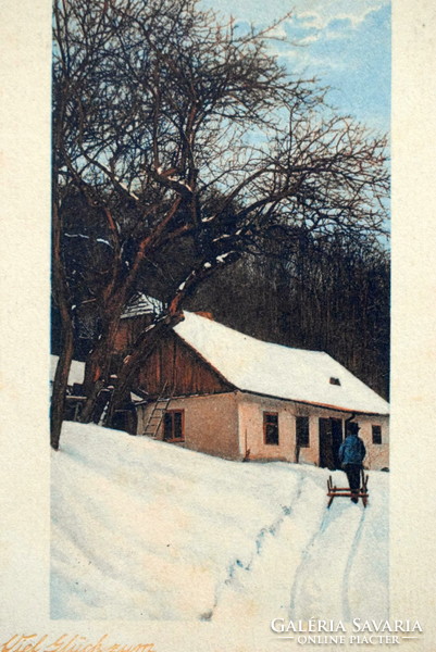 Antik metszetszerű  Újévi üdvözlő képeslap - téli táj  1911ből