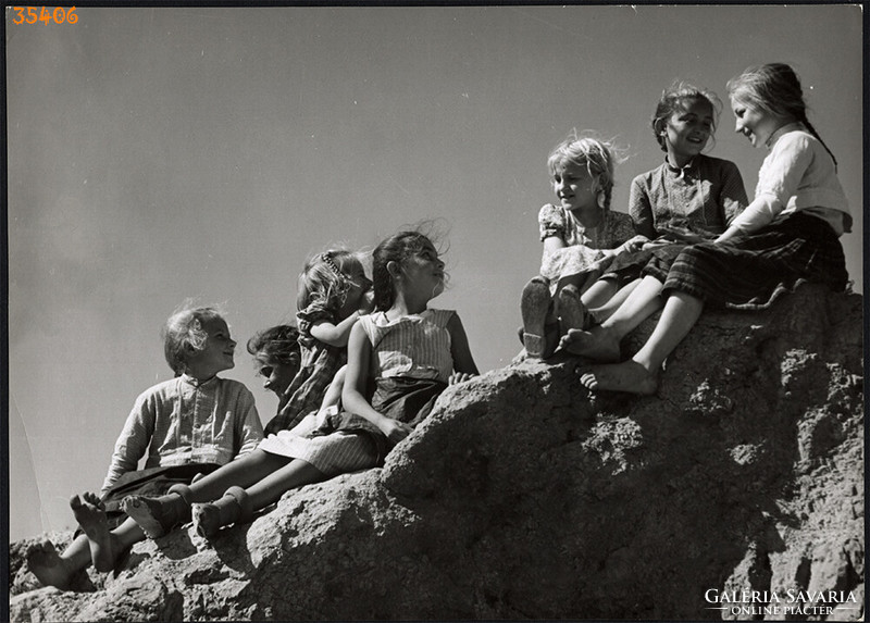 Larger size, photo art work by István Szendrő. Children on the Rock, 1930s.