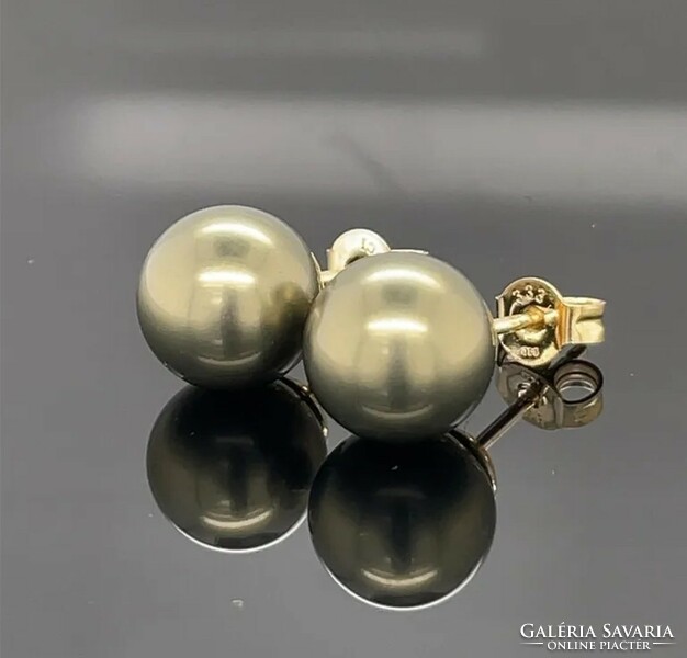 Golden horse, moss green colored pearl 8 carat yellow gold earrings - new
