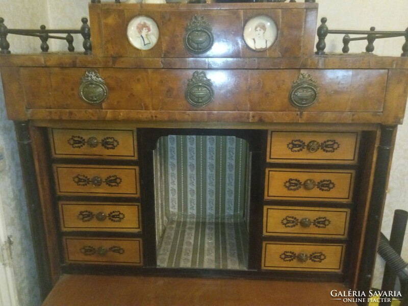 Biedermeier writing secretary decorated with beautiful porcelain pictures