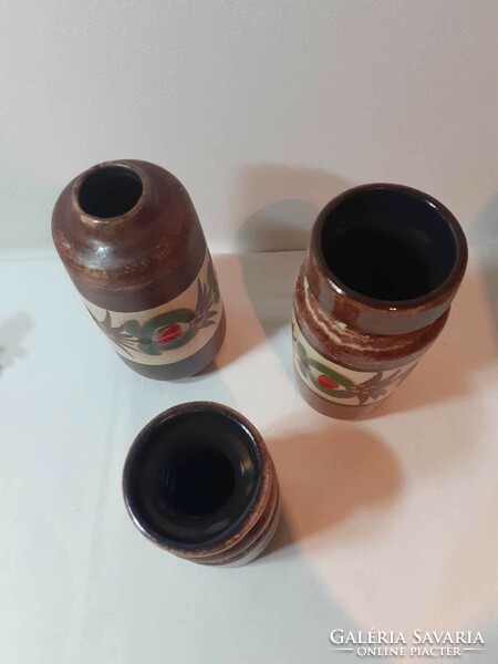 Retro rusztikus német kerámia váza trió barna piros
