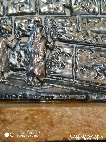 Silver (925) Israeli bas-relief of the Wailing Wall of Jerusalem on a stone or marble base.