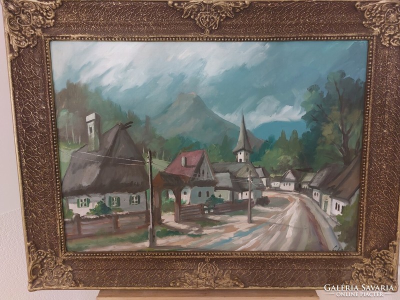 (K) Nagybányai stílusú szignózott falurészlet festmény 84x64 cm kerettel