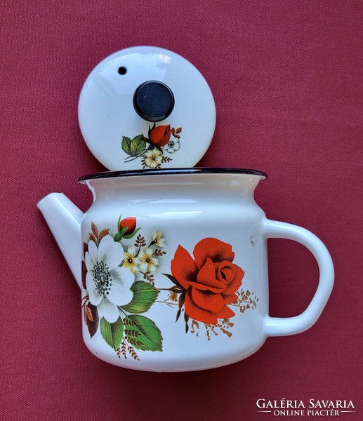 Old enamel enameled coffee tea pouring pot with flower pattern