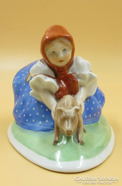 Herend porcelain figurine, little girl with a pig, marked, 13.7 x 8.4 cm, 8.4 cm high.