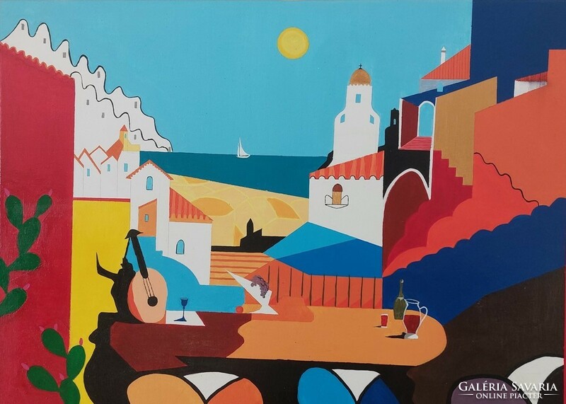 (K) beautiful, cozy cubist painting 70x50 cm signed