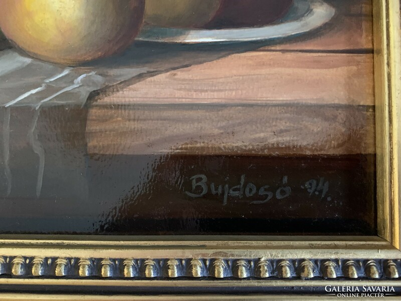 Bujdosó Lajos “Gyümölcs csendélet” című olajfestménye aranyozott keretben (44x35cm)