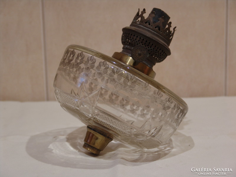 Antique kerosene lamp with etched glass kerosene container