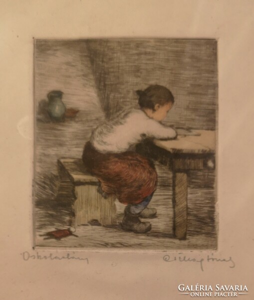 József Csillag (1894-1977): school girl. Marked, rare, colored etching.