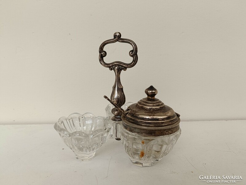 Antique kitchen glass spice mustard holder with metal fitting, silver spoon 337 8303