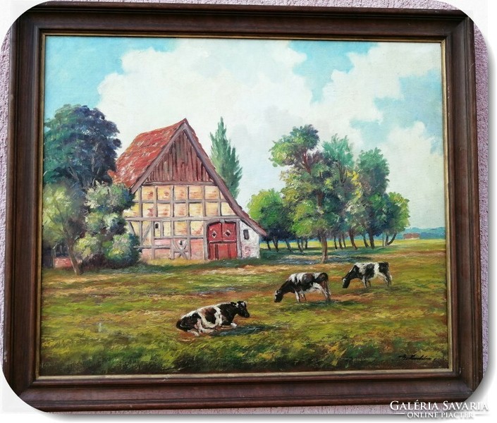 Alpine pasture landscape with cattle and barn framed oil on canvas painting with sign