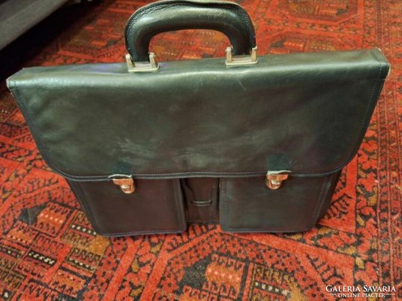 Vintage American 80s steel blue leather briefcase with cowhide handle