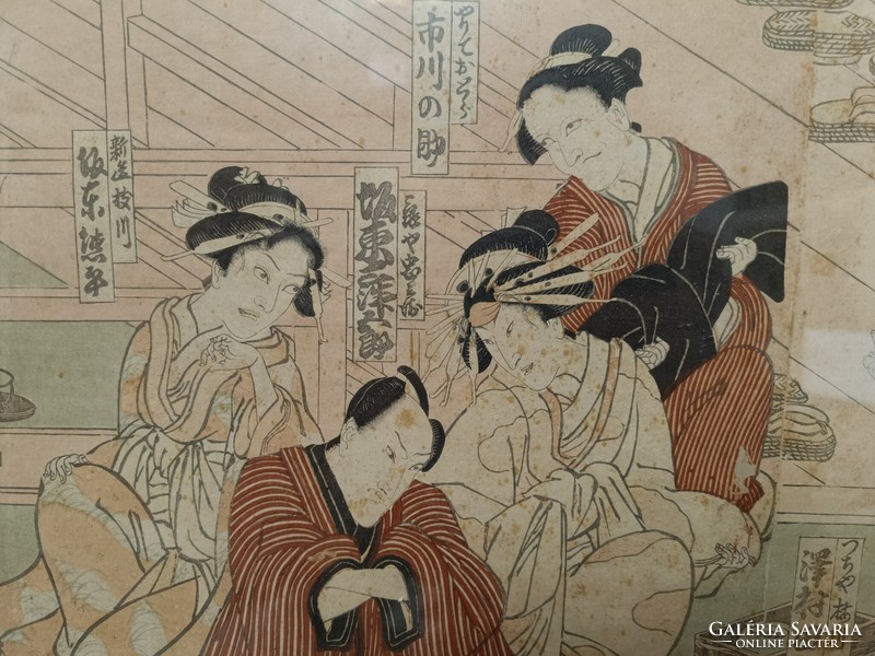 Antik Japán fametszet 3 darab szamuráj gésa életkép motívum keretben 453 8293