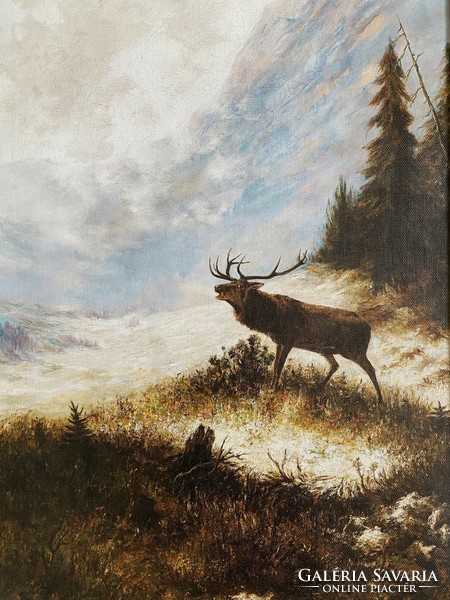 Hunter painting - print in an antique damaged frame - bucking stag in a foggy landscape