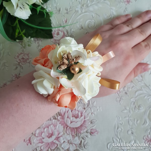 New, custom-made ecru-peach-gold rosy pearl wrist ornament