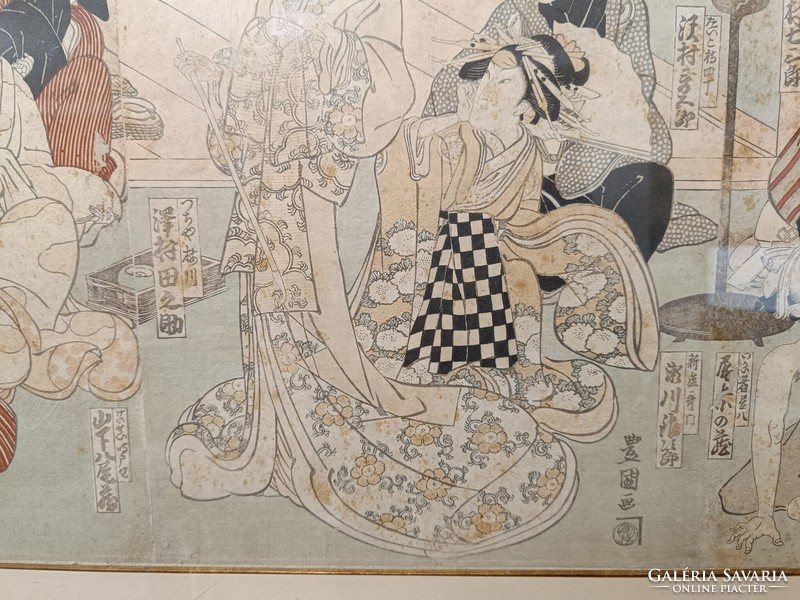 Antique Japanese woodcut 3 pieces of samurai geisha life portrait motif in frame 453 8293