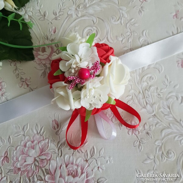 New, custom-made ecru-red wrist ornament with roses and pearls