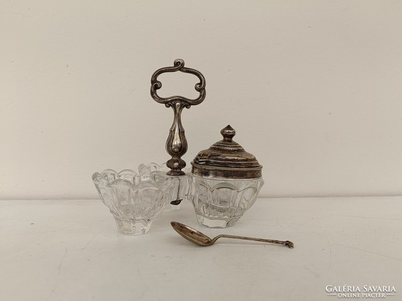 Antique kitchen glass spice mustard holder with metal fitting, silver spoon 337 8303